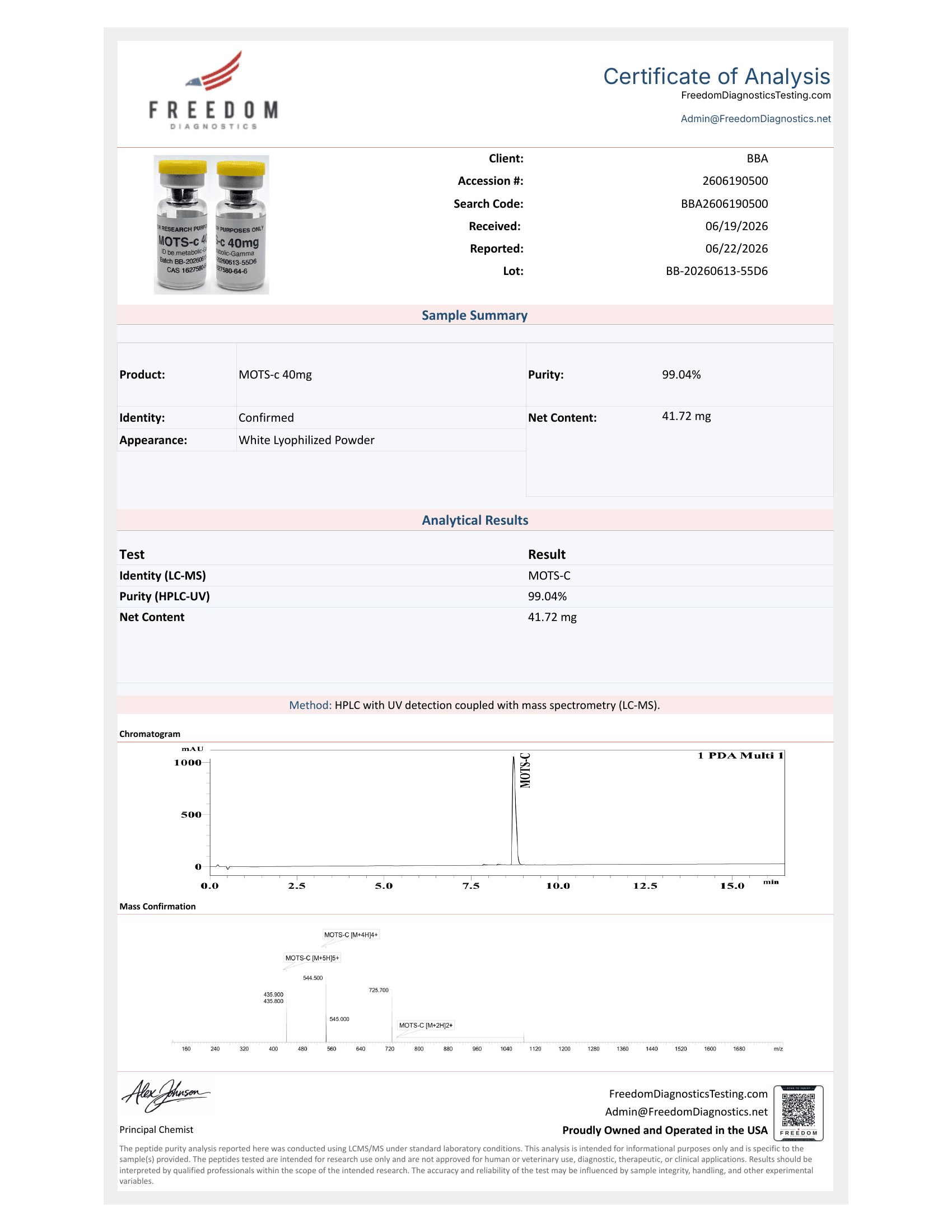 Certificat d'analyse MOTS-c — Freedom Diagnostics