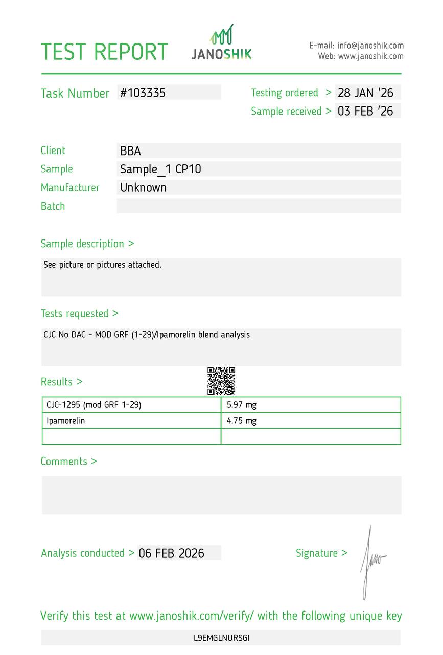 Certificat d'analyse CJC-1295 / Ipamorelin (blend) — Janoshik