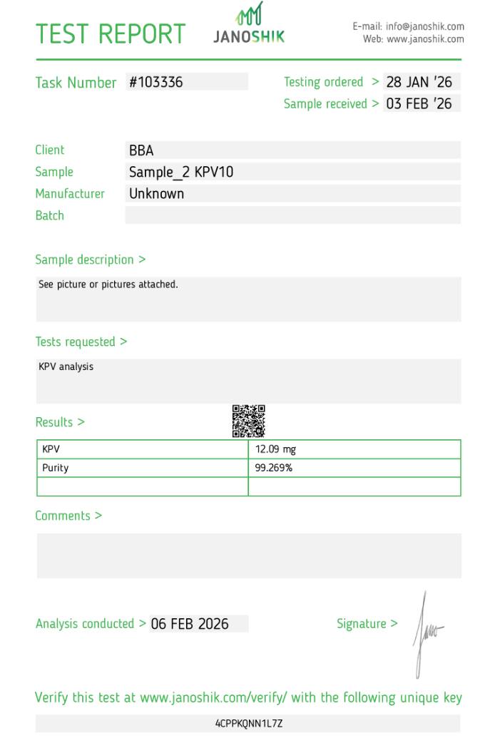 Certificat d'analyse KPV — Janoshik