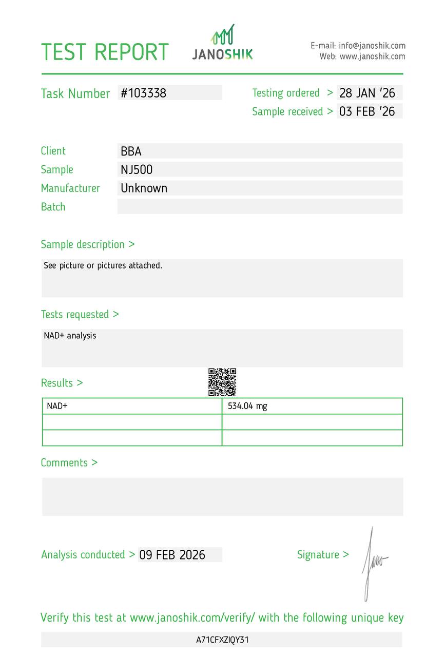 Certificat d'analyse NAD+ — Janoshik