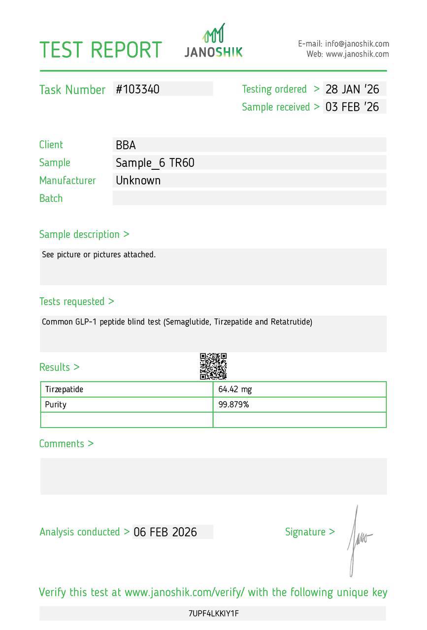 Certificat d'analyse Tirzépatide — Janoshik