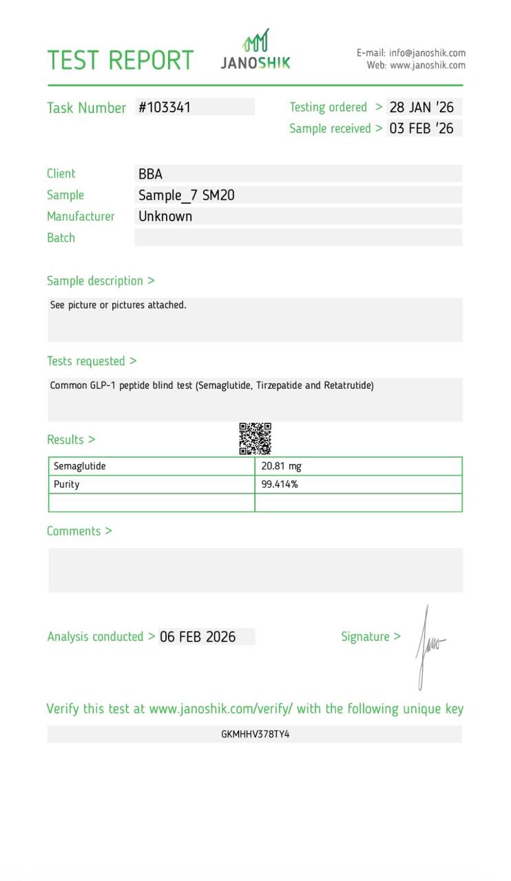Certificat d'analyse Sémaglutide — Janoshik