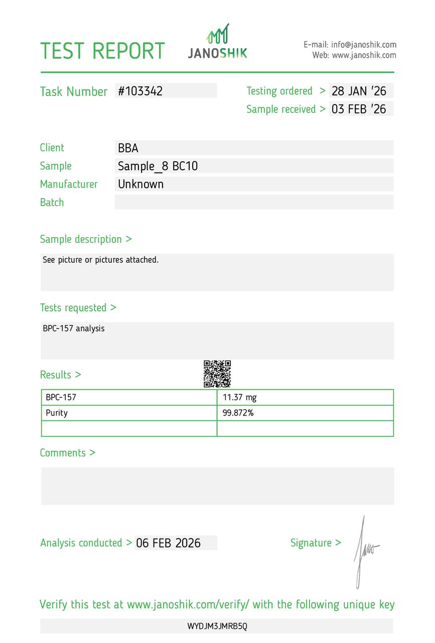 Certificat d'analyse BPC-157 — Janoshik