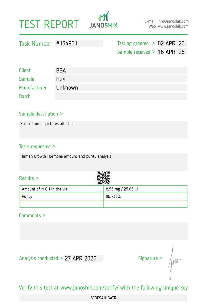 Certificat d'analyse HGH (somatropine) — Janoshik
