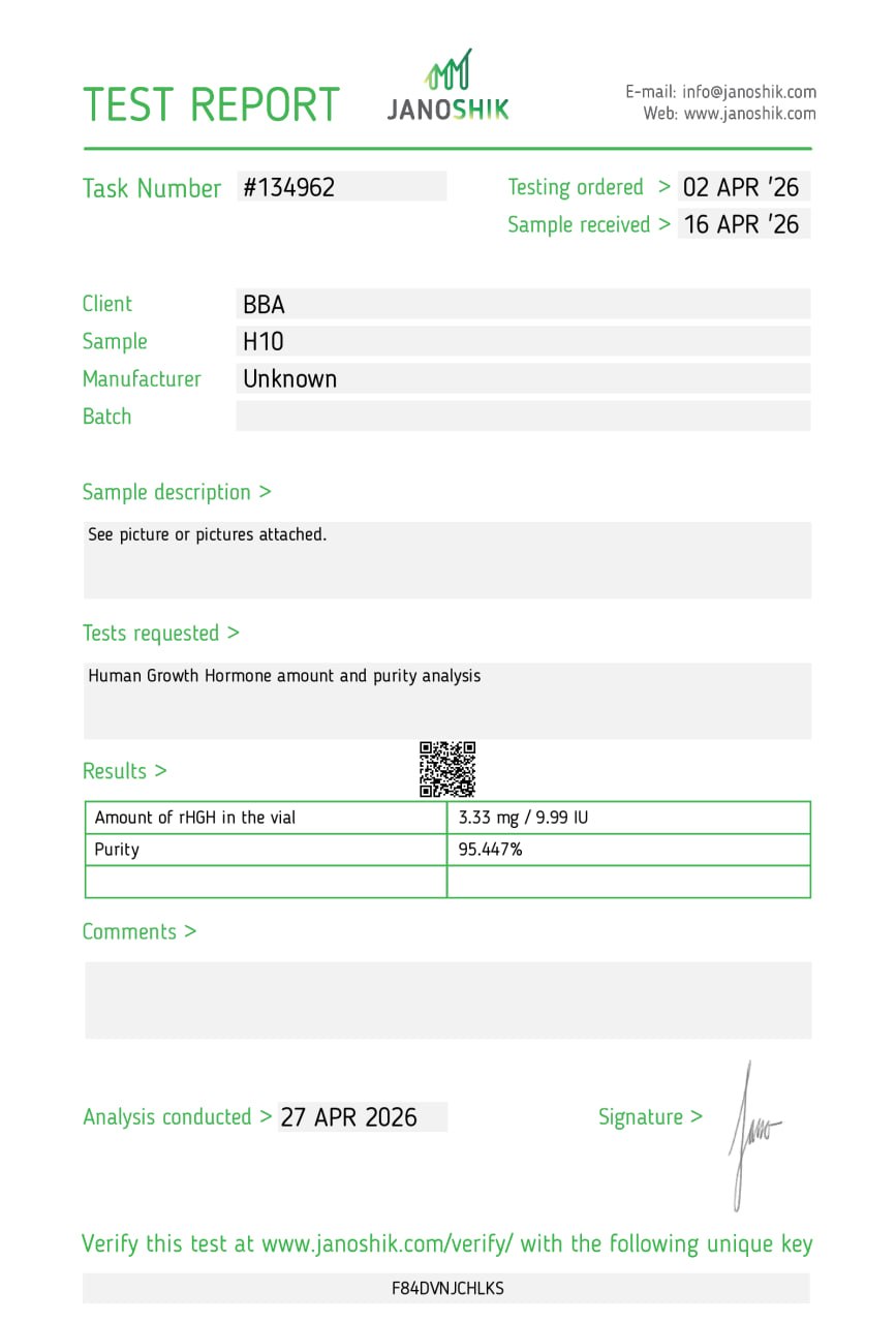 Certificat d'analyse HGH (somatropine) — Janoshik