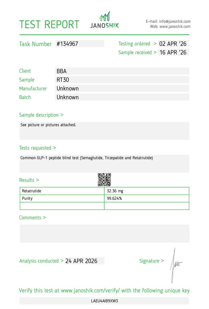 Certificat d'analyse Retatrutide — Janoshik