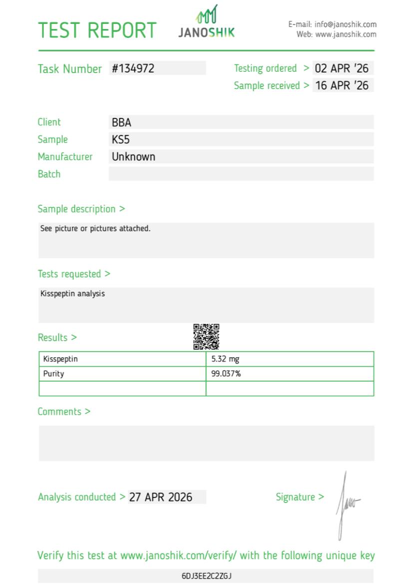 Certificat d'analyse Kisspeptine — Janoshik