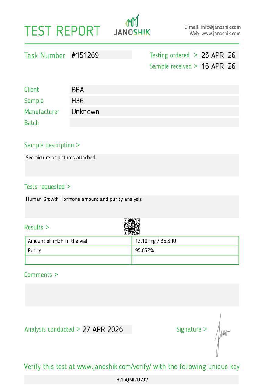 Certificat d'analyse HGH (somatropine) — Janoshik