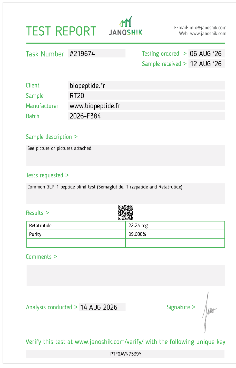 Certificat d'analyse Retatrutide — lot 2026-F384, Janoshik